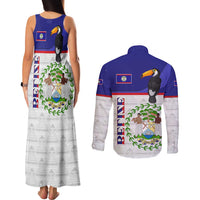 Belize National Emblem Couples Matching Tank Maxi Dress and Long Sleeve Button Shirt with Toucan Print and Flag-Inspired Blue Design