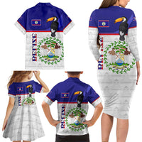 Belize National Emblem Family Matching Long Sleeve Bodycon Dress and Hawaiian Shirt with Toucan Print and Flag-Inspired Blue Design