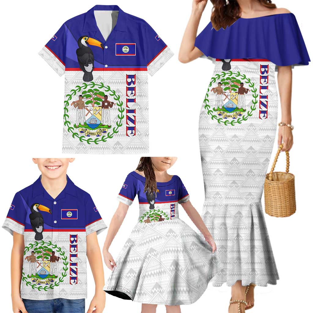 Belize National Emblem Family Matching Mermaid Dress and Hawaiian Shirt with Toucan Print and Flag-Inspired Blue Design