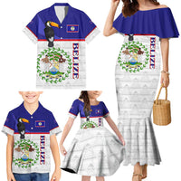 Belize National Emblem Family Matching Mermaid Dress and Hawaiian Shirt with Toucan Print and Flag-Inspired Blue Design
