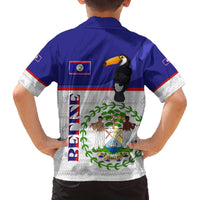 Belize National Emblem Family Matching Off The Shoulder Long Sleeve Dress and Hawaiian Shirt with Toucan Print and Flag-Inspired Blue Design