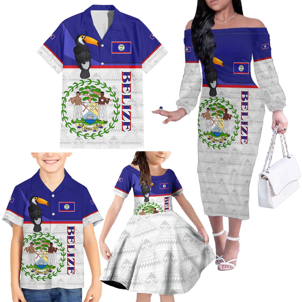 Belize National Emblem Family Matching Off The Shoulder Long Sleeve Dress and Hawaiian Shirt with Toucan Print and Flag-Inspired Blue Design