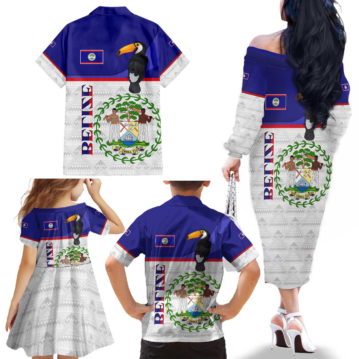 Belize National Emblem Family Matching Off The Shoulder Long Sleeve Dress and Hawaiian Shirt with Toucan Print and Flag-Inspired Blue Design