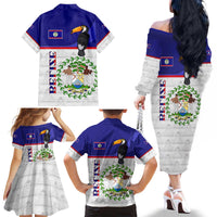 Belize National Emblem Family Matching Off The Shoulder Long Sleeve Dress and Hawaiian Shirt with Toucan Print and Flag-Inspired Blue Design