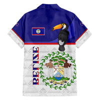 Belize National Emblem Family Matching Off The Shoulder Long Sleeve Dress and Hawaiian Shirt with Toucan Print and Flag-Inspired Blue Design