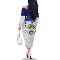 Belize National Emblem Family Matching Off The Shoulder Long Sleeve Dress and Hawaiian Shirt with Toucan Print and Flag-Inspired Blue Design