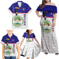 Belize National Emblem Family Matching Off Shoulder Maxi Dress and Hawaiian Shirt with Toucan Print and Flag-Inspired Blue Design