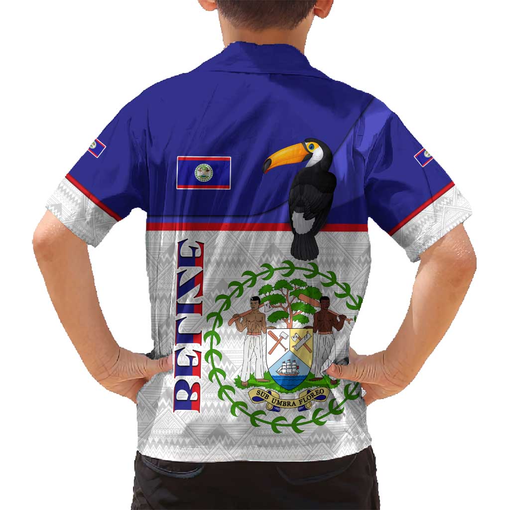 Belize National Emblem Family Matching Off Shoulder Short Dress and Hawaiian Shirt with Toucan Print and Flag-Inspired Blue Design
