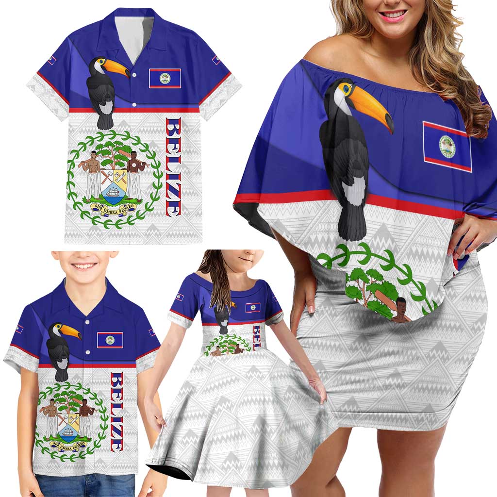 Belize National Emblem Family Matching Off Shoulder Short Dress and Hawaiian Shirt with Toucan Print and Flag-Inspired Blue Design