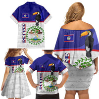 Belize National Emblem Family Matching Off Shoulder Short Dress and Hawaiian Shirt with Toucan Print and Flag-Inspired Blue Design