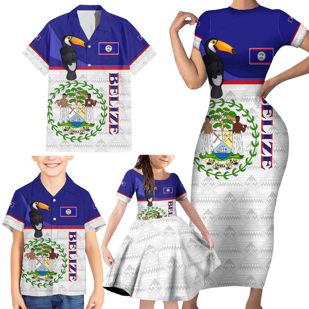 Belize National Emblem Family Matching Short Sleeve Bodycon Dress and Hawaiian Shirt with Toucan Print and Flag-Inspired Blue Design