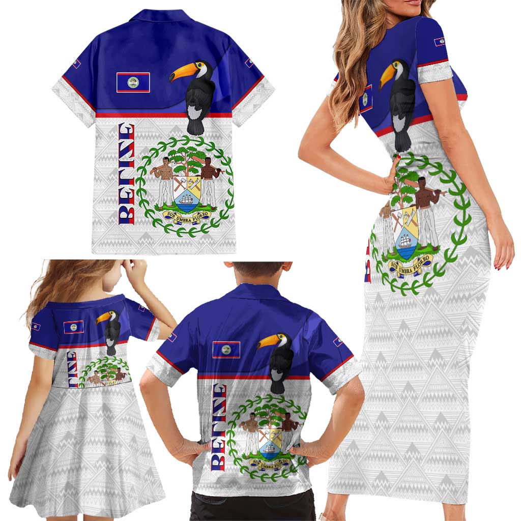 Belize National Emblem Family Matching Short Sleeve Bodycon Dress and Hawaiian Shirt with Toucan Print and Flag-Inspired Blue Design