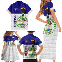 Belize National Emblem Family Matching Short Sleeve Bodycon Dress and Hawaiian Shirt with Toucan Print and Flag-Inspired Blue Design