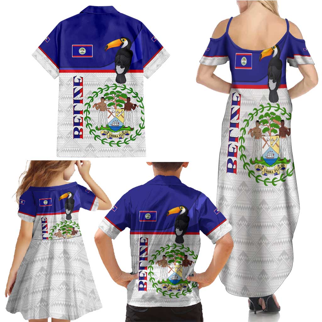 Belize National Emblem Family Matching Summer Maxi Dress and Hawaiian Shirt with Toucan Print and Flag-Inspired Blue Design