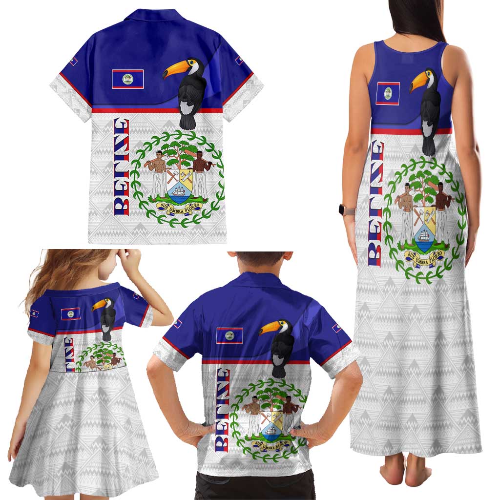 Belize National Emblem Family Matching Tank Maxi Dress and Hawaiian Shirt with Toucan Print and Flag-Inspired Blue Design