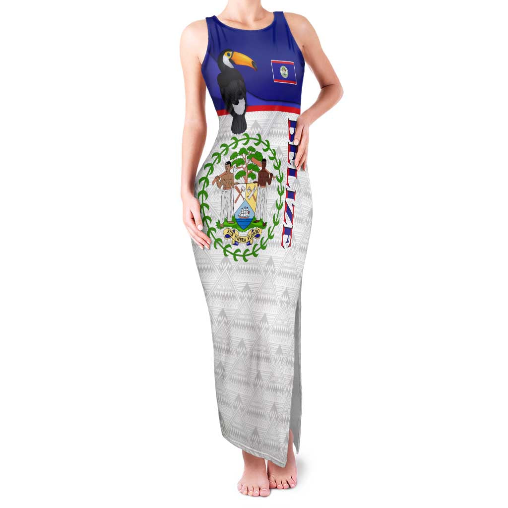 Belize National Emblem Family Matching Tank Maxi Dress and Hawaiian Shirt with Toucan Print and Flag-Inspired Blue Design