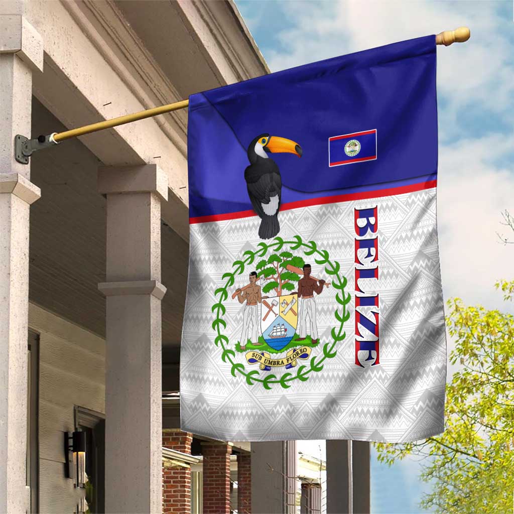 Belize National Emblem Garden Flag with Toucan Print and Flag-Inspired Blue Design