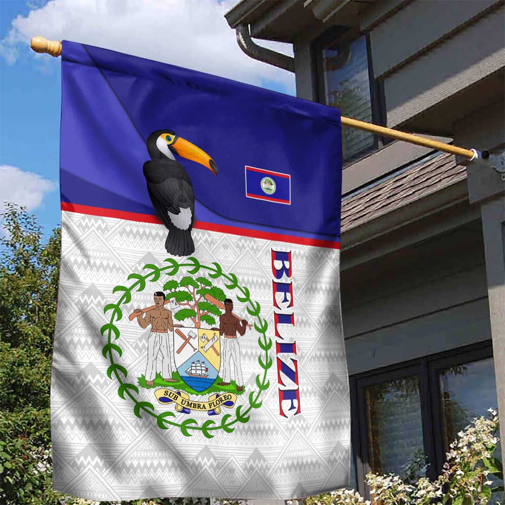 Belize National Emblem Garden Flag with Toucan Print and Flag-Inspired Blue Design