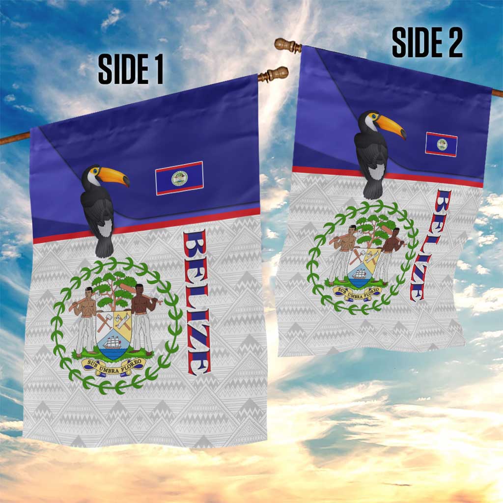 Belize National Emblem Garden Flag with Toucan Print and Flag-Inspired Blue Design