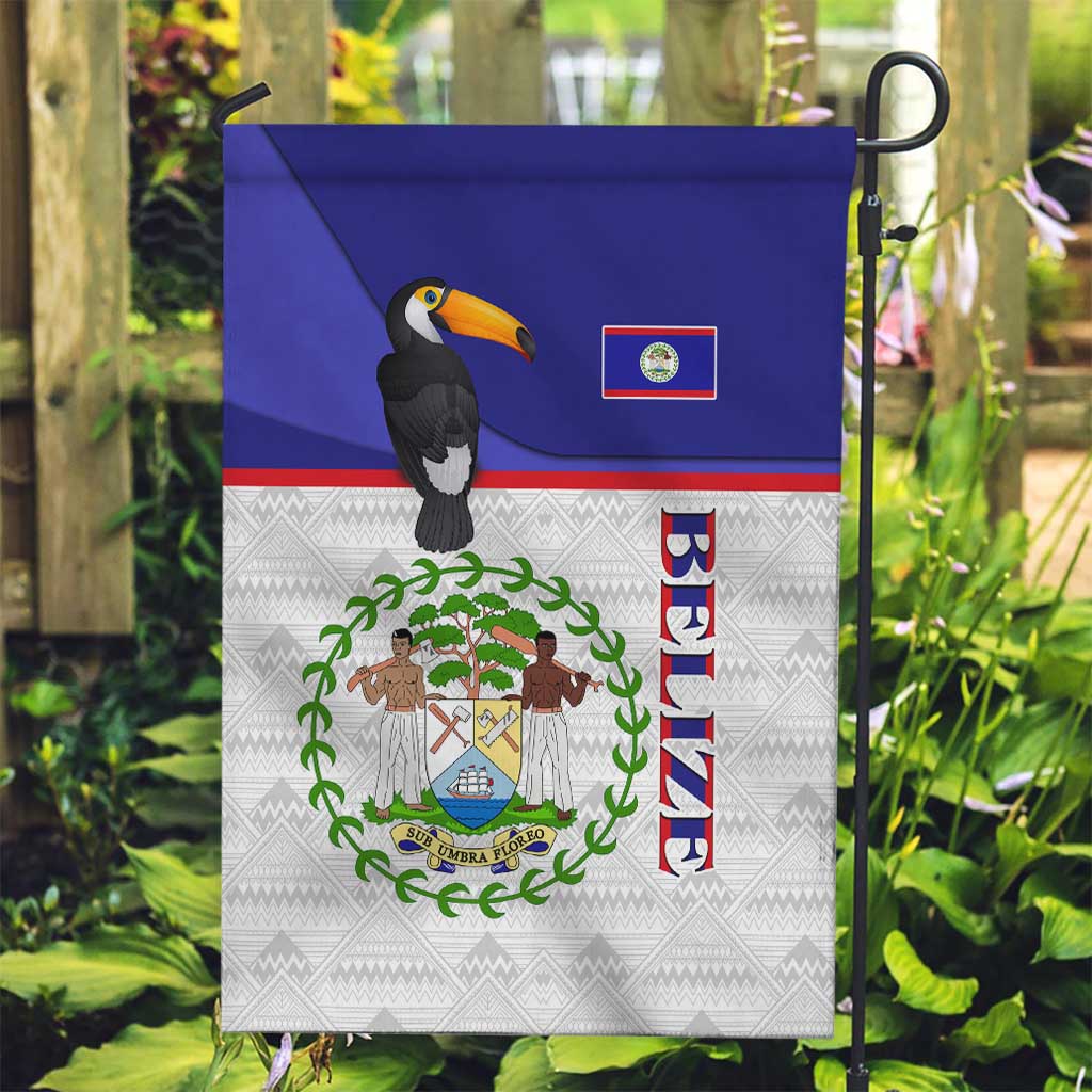 Belize National Emblem Garden Flag with Toucan Print and Flag-Inspired Blue Design