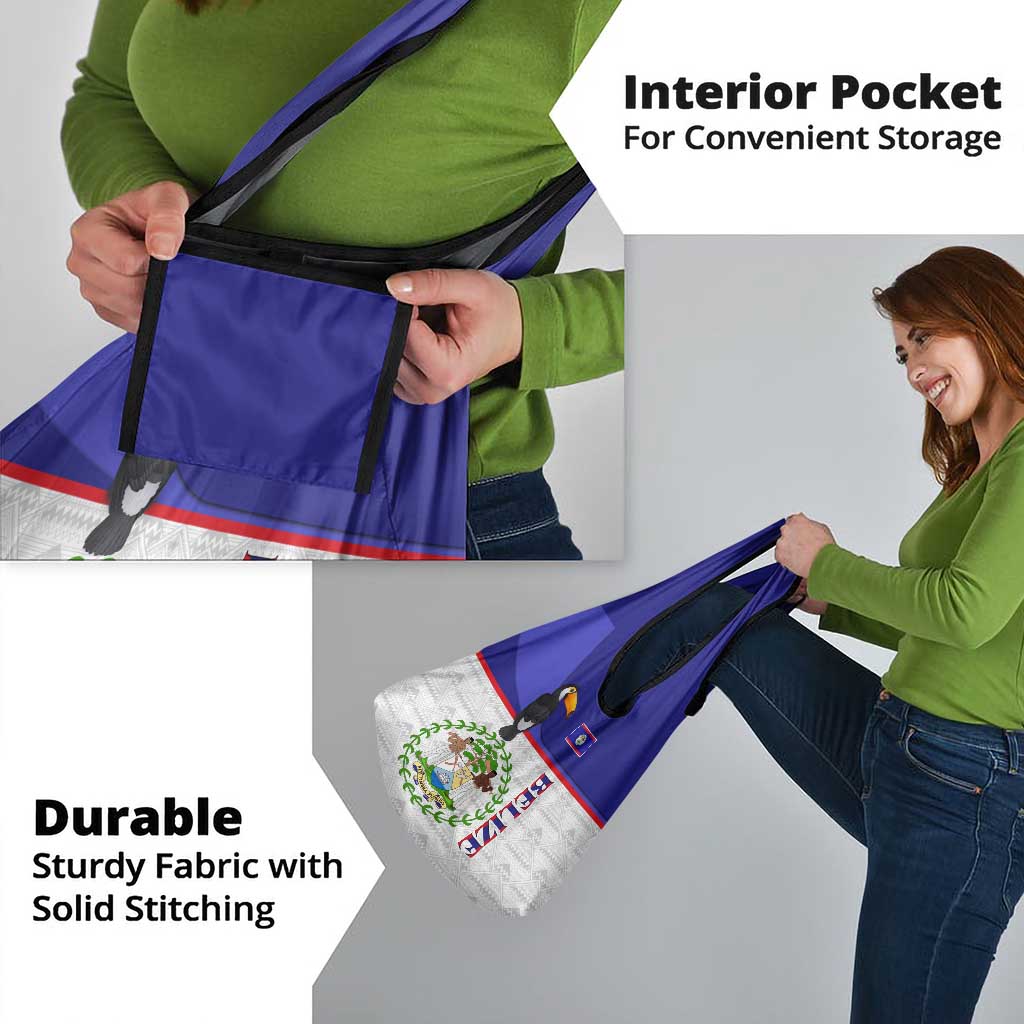 Belize National Emblem Grocery Bag with Toucan Print and Flag-Inspired Blue Design