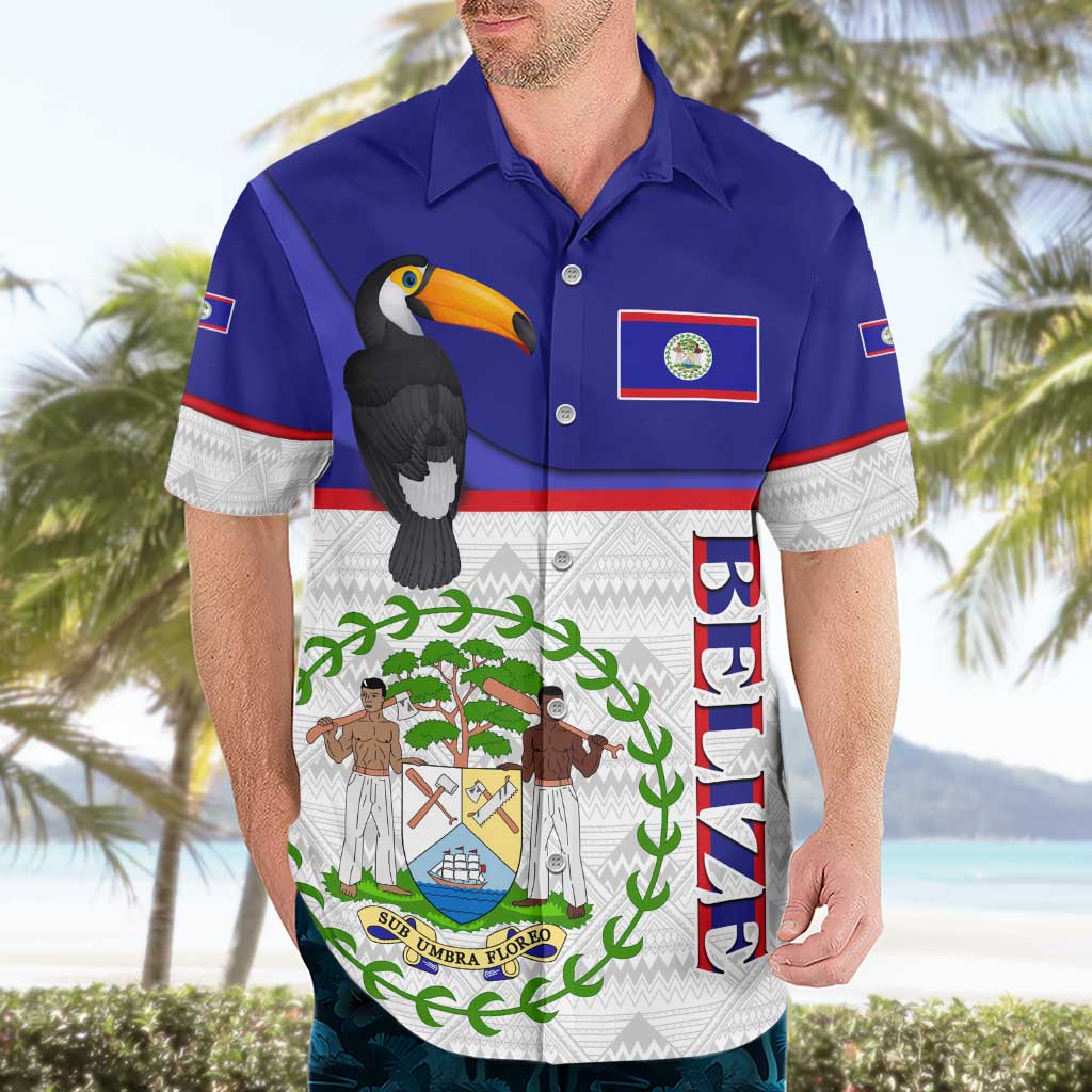 Belize National Emblem Hawaiian Shirt with Toucan Print and Flag-Inspired Blue Design