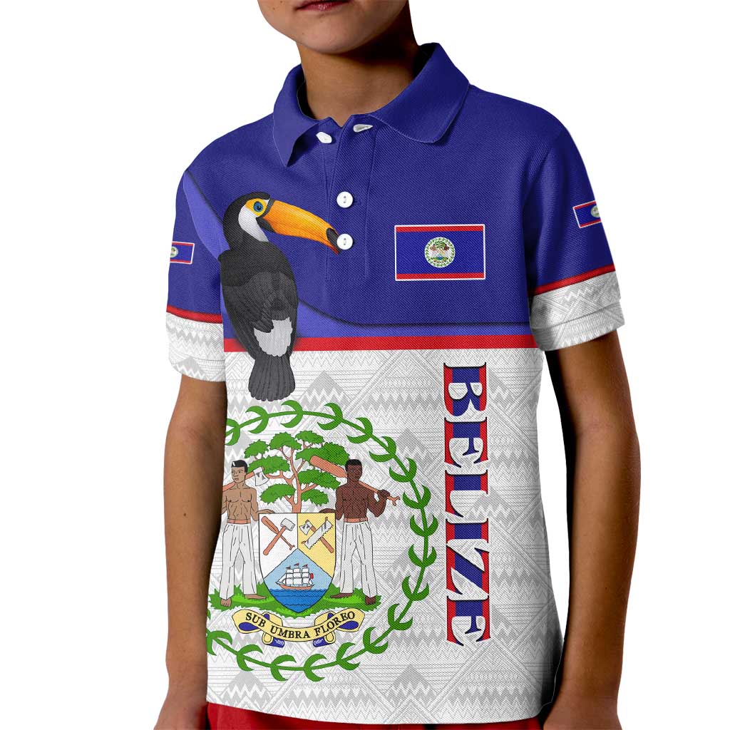 Belize National Emblem Kid Polo Shirt with Toucan Print and Flag-Inspired Blue Design