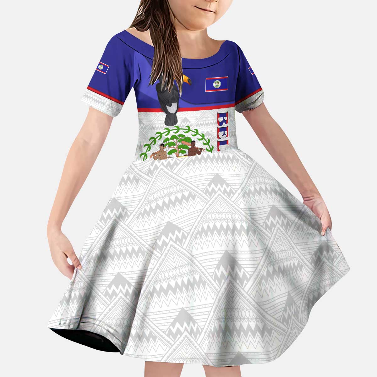 Belize National Emblem Kid Short Sleeve Dress with Toucan Print and Flag-Inspired Blue Design