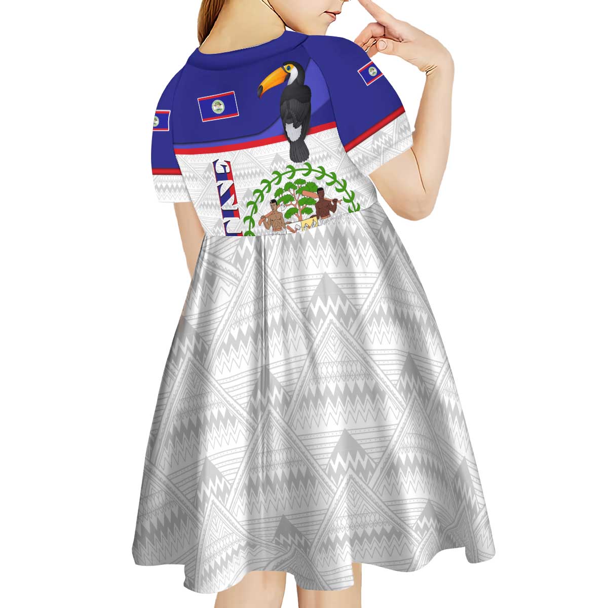 Belize National Emblem Kid Short Sleeve Dress with Toucan Print and Flag-Inspired Blue Design