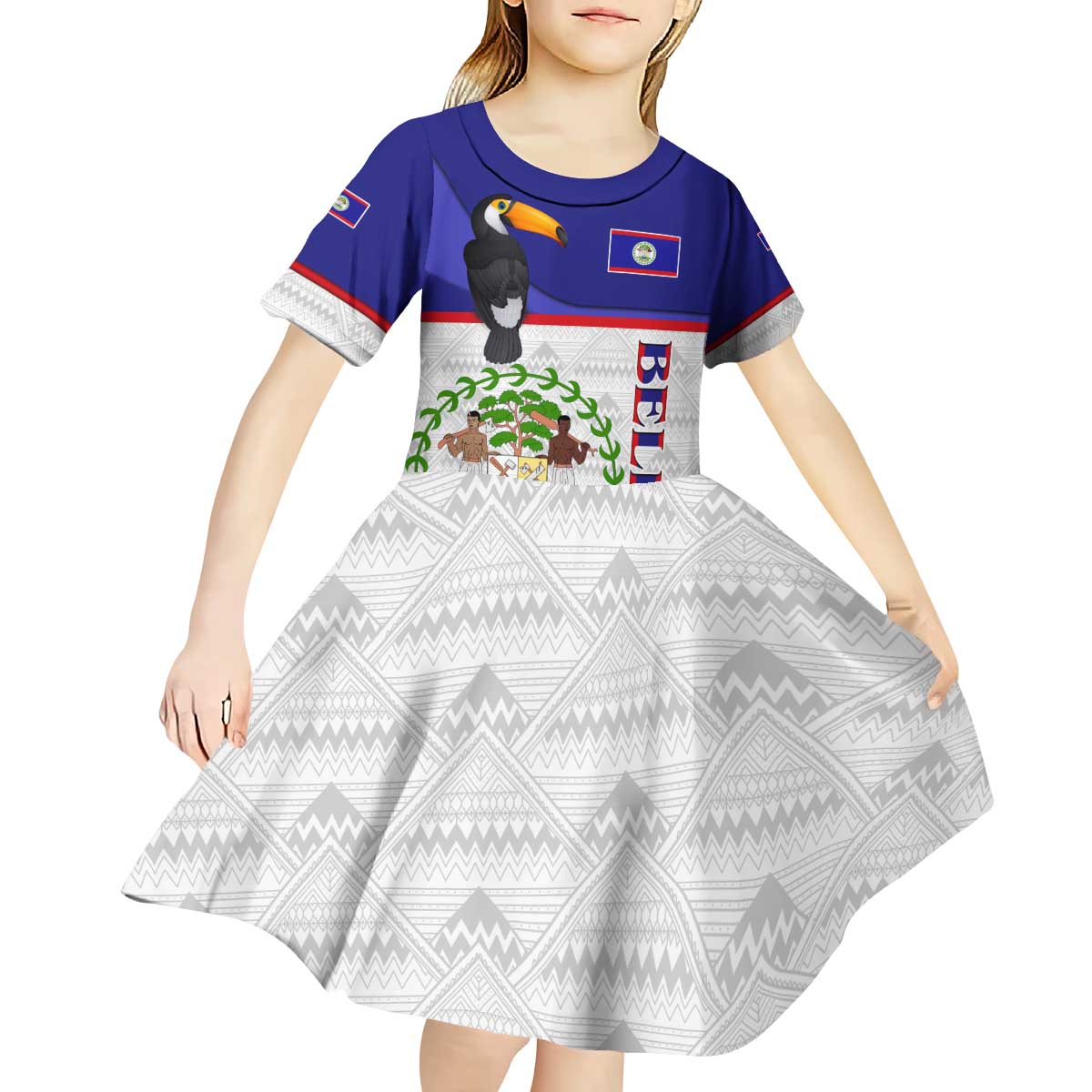 Belize National Emblem Kid Short Sleeve Dress with Toucan Print and Flag-Inspired Blue Design