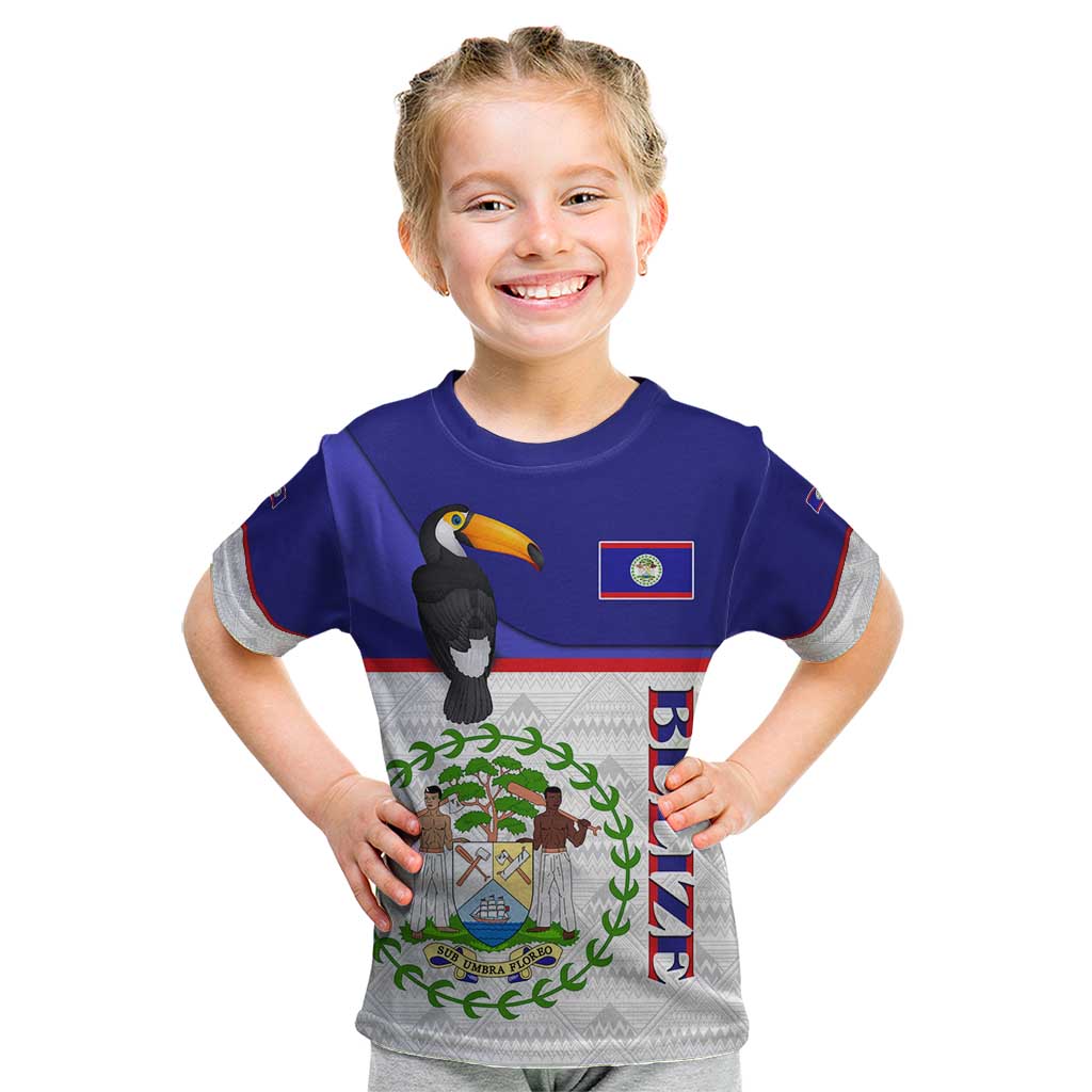 Belize National Emblem Kid T Shirt with Toucan Print and Flag-Inspired Blue Design