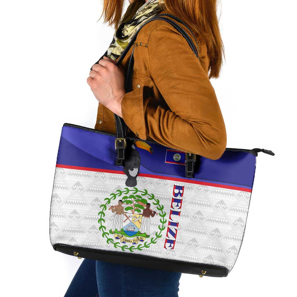 Belize National Emblem Leather Tote Bag with Toucan Print and Flag-Inspired Blue Design