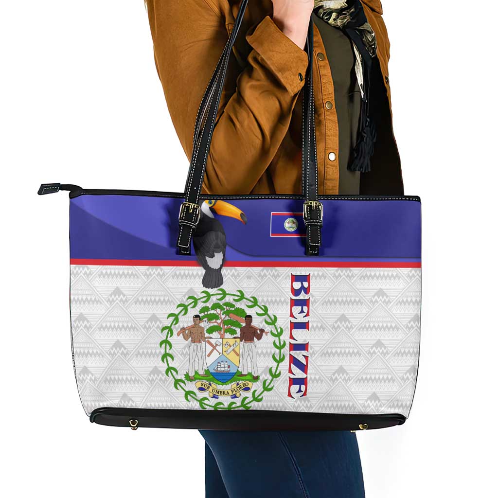Belize National Emblem Leather Tote Bag with Toucan Print and Flag-Inspired Blue Design