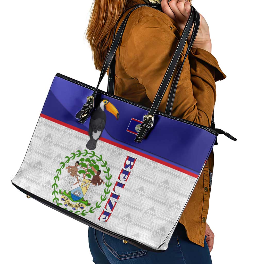 Belize National Emblem Leather Tote Bag with Toucan Print and Flag-Inspired Blue Design