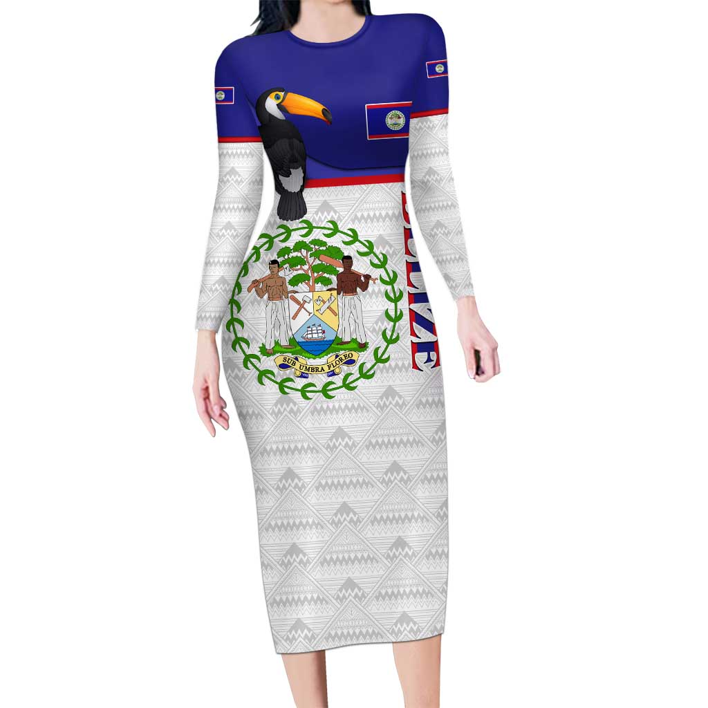 Belize National Emblem Long Sleeve Bodycon Dress with Toucan Print and Flag-Inspired Blue Design