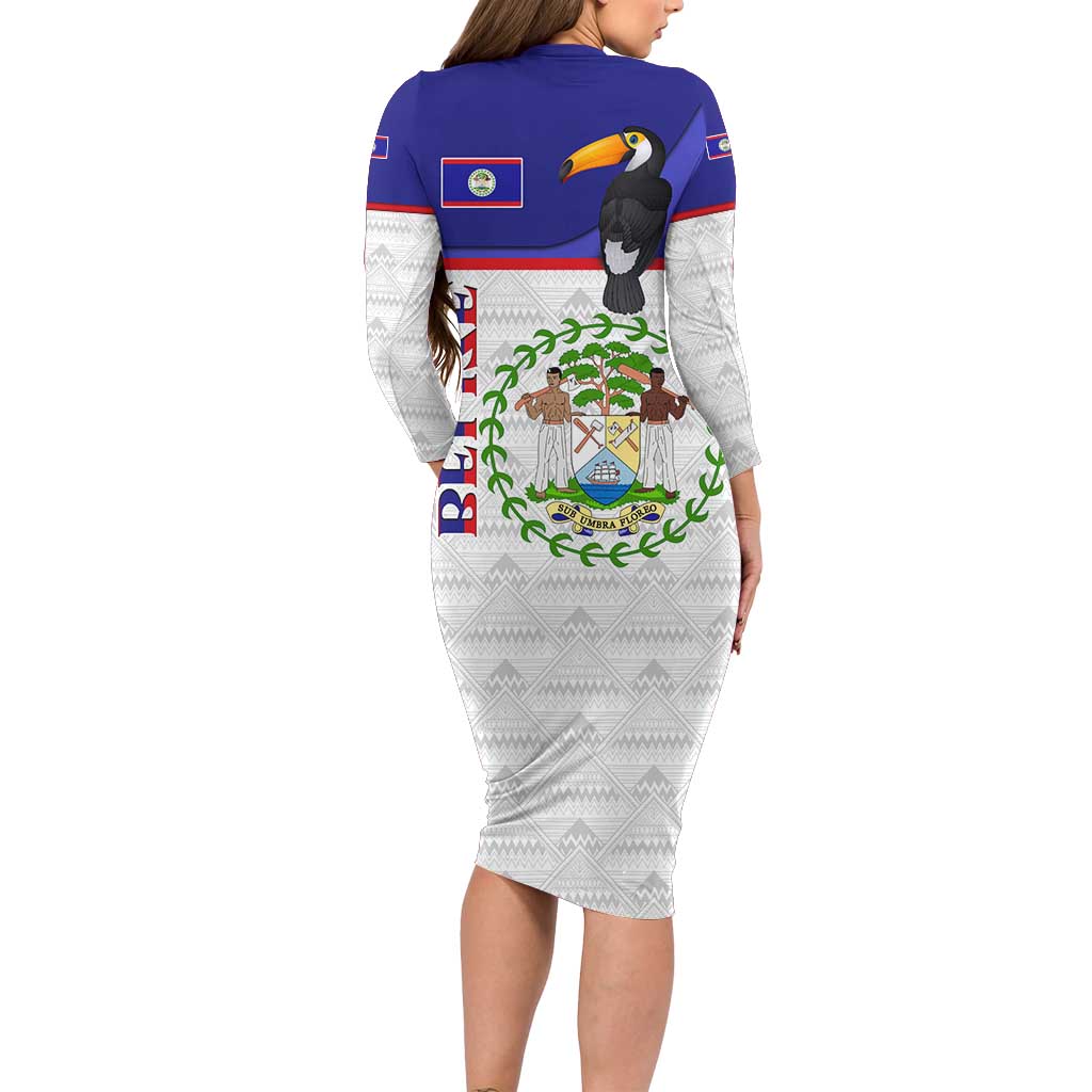 Belize National Emblem Long Sleeve Bodycon Dress with Toucan Print and Flag-Inspired Blue Design