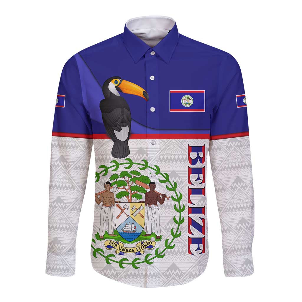 Belize National Emblem Long Sleeve Button Shirt with Toucan Print and Flag-Inspired Blue Design
