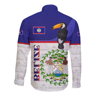 Belize National Emblem Long Sleeve Button Shirt with Toucan Print and Flag-Inspired Blue Design