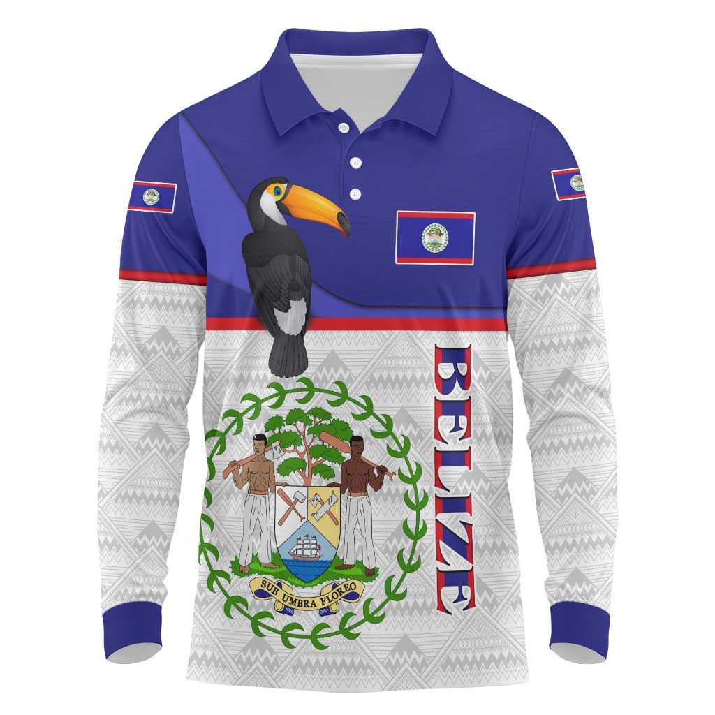 Belize National Emblem Long Sleeve Polo Shirt with Toucan Print and Flag-Inspired Blue Design