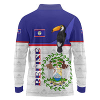 Belize National Emblem Long Sleeve Polo Shirt with Toucan Print and Flag-Inspired Blue Design