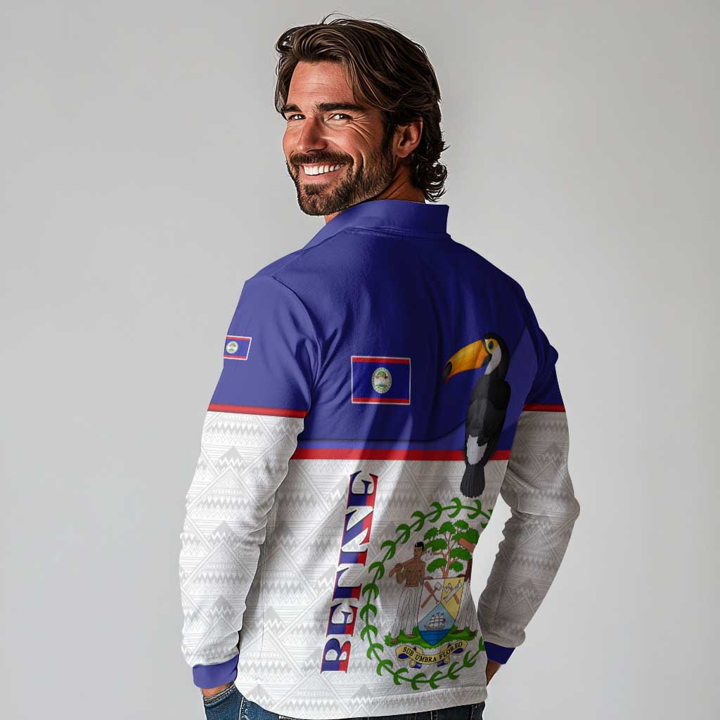 Belize National Emblem Long Sleeve Polo Shirt with Toucan Print and Flag-Inspired Blue Design