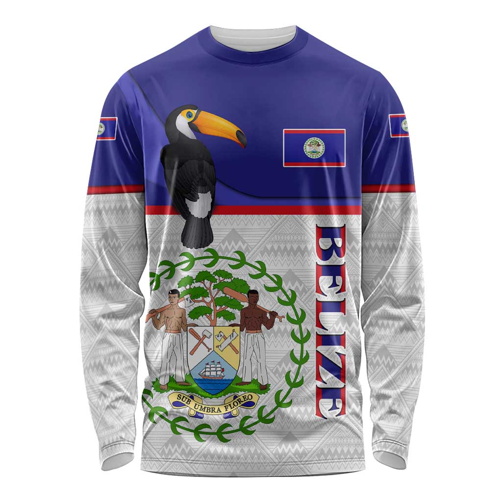 Belize National Emblem Long Sleeve Shirt with Toucan Print and Flag-Inspired Blue Design