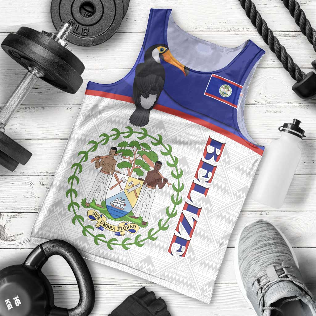 Belize National Emblem Men Tank Top with Toucan Print and Flag-Inspired Blue Design