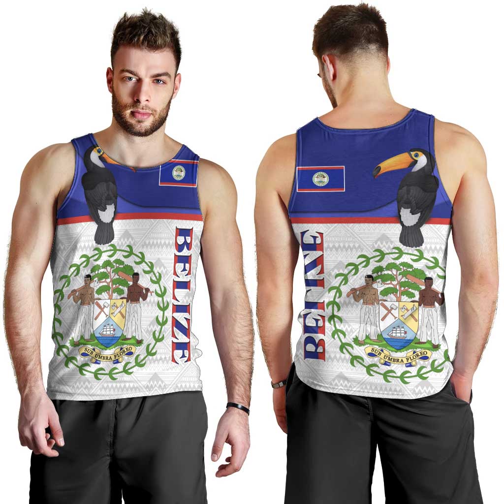 Belize National Emblem Men Tank Top with Toucan Print and Flag-Inspired Blue Design