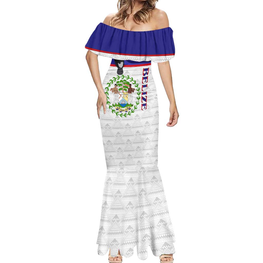 Belize National Emblem Mermaid Dress with Toucan Print and Flag-Inspired Blue Design