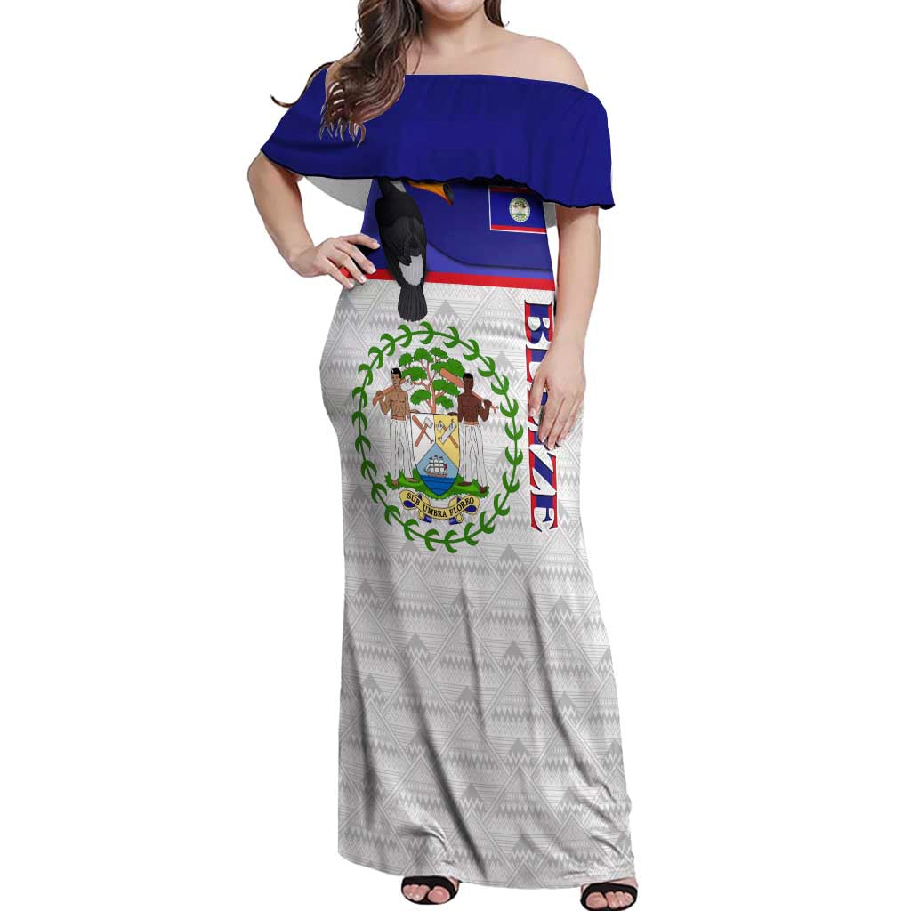Belize National Emblem Off Shoulder Maxi Dress with Toucan Print and Flag-Inspired Blue Design