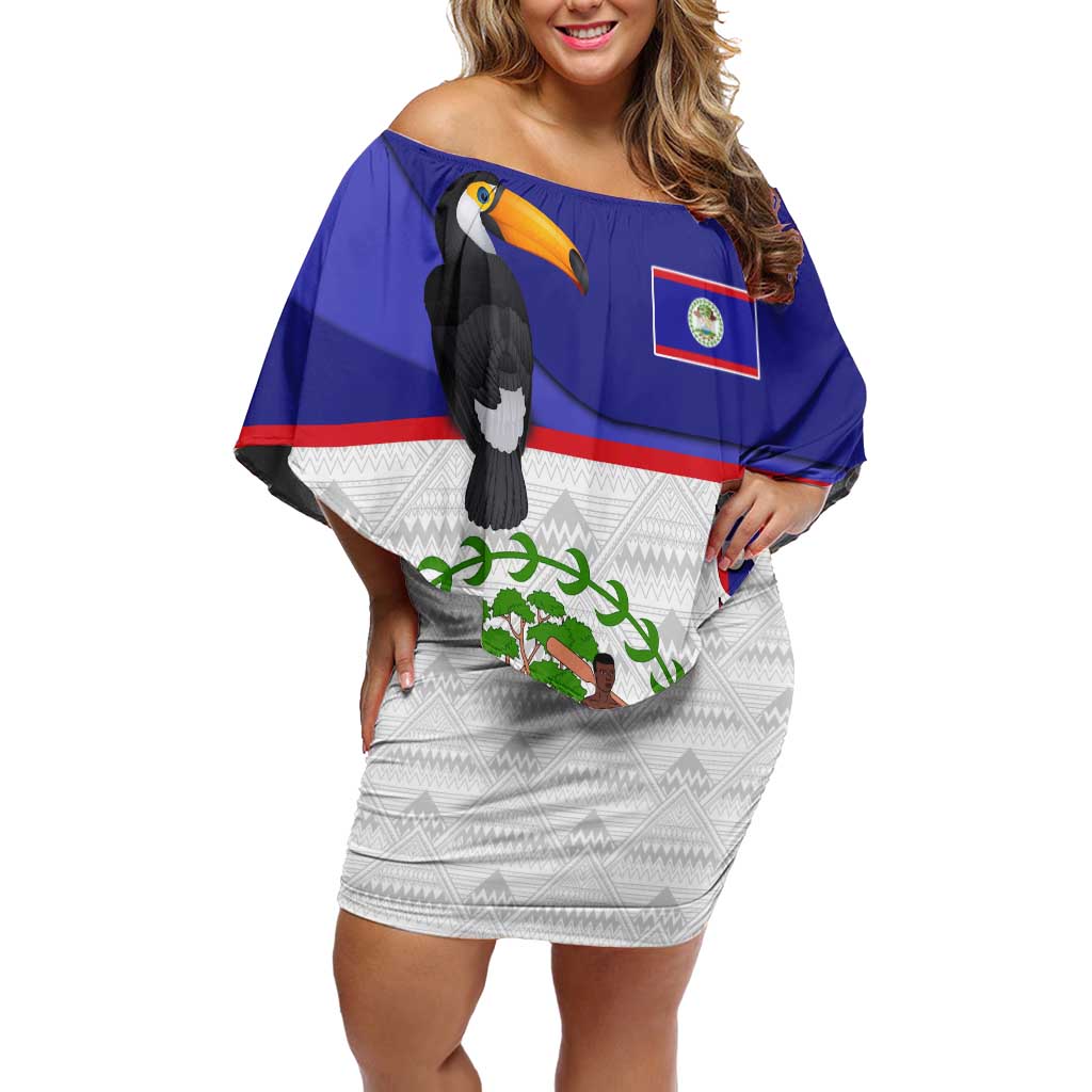 Belize National Emblem Off Shoulder Short Dress with Toucan Print and Flag-Inspired Blue Design