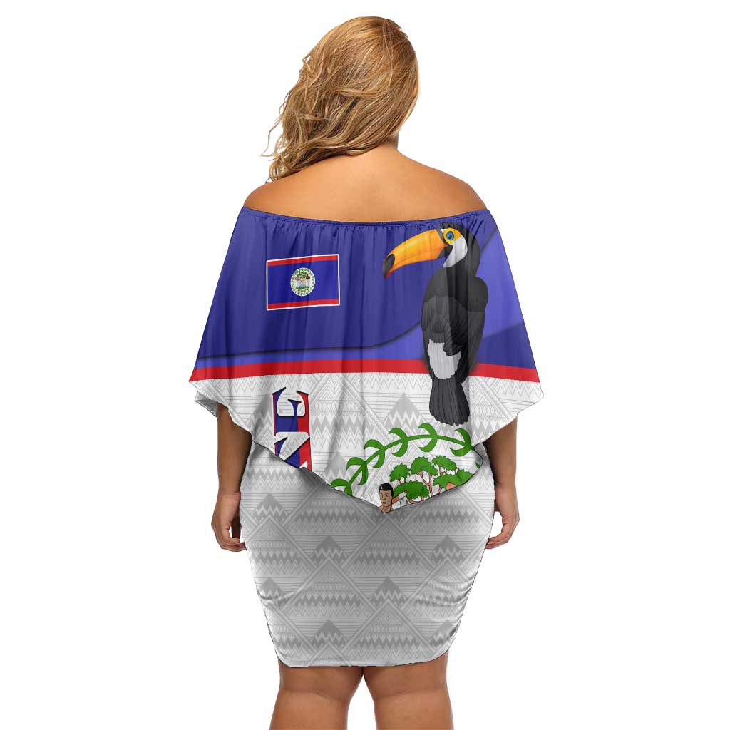 Belize National Emblem Off Shoulder Short Dress with Toucan Print and Flag-Inspired Blue Design