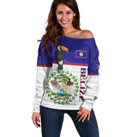Belize National Emblem Off Shoulder Sweater with Toucan Print and Flag-Inspired Blue Design