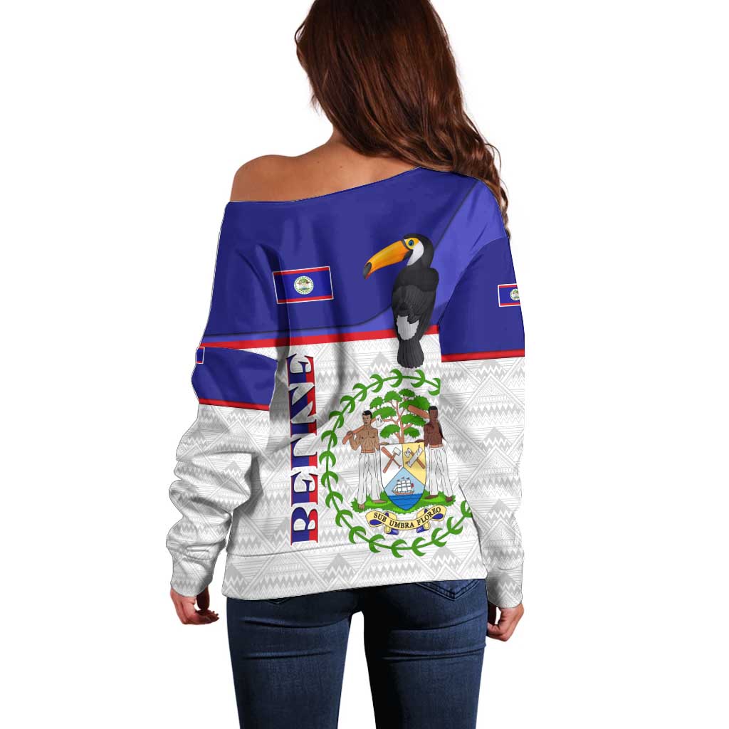 Belize National Emblem Off Shoulder Sweater with Toucan Print and Flag-Inspired Blue Design